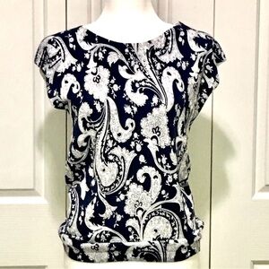 Talbots Petite Paisley Boat Neck Knit Top Navy White Cap Sleeve MP NWOT